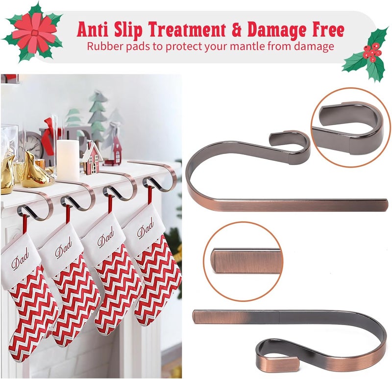 Klurent Christmas Stocking Holders for Mantle Set of 4, Lightweight Adjustable Christmas Stocking Holder Hooks Metal Fireplace Hanger for Christmas Party Decoration, Non-Slip Mantle Stocking Hooks(Red Bronze) - Image 4